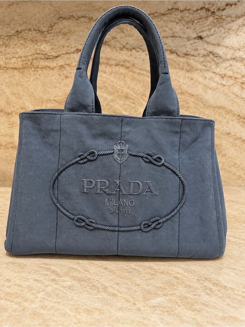 Prada Canapa Canvas Tote Bag Blue Gray Large Gold Hardware Authentic